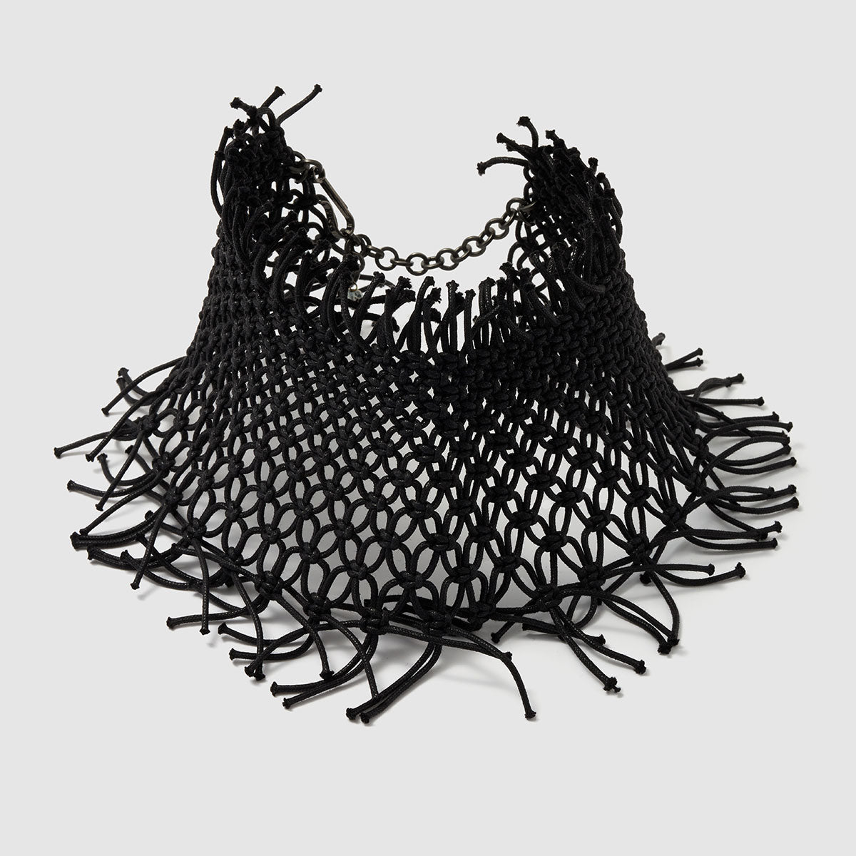 Mystic Vision, Bold, handcrafted mesh chocker with dramatic black fringe, blending cotton, bronze, aluminum, and crystal beads.