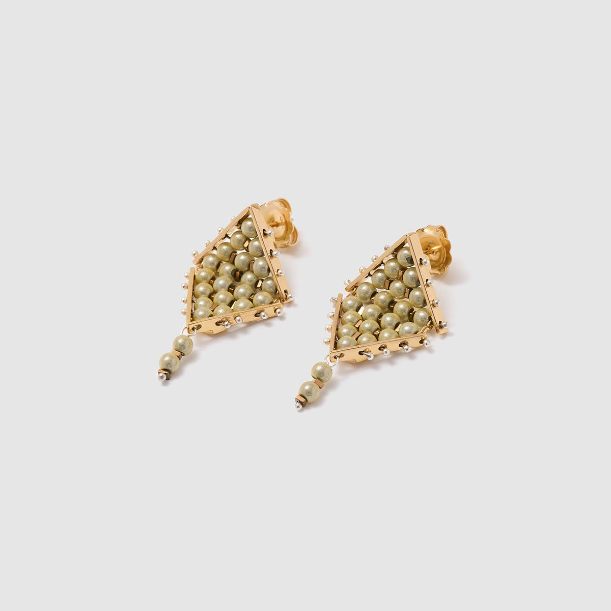 Dusk & Dawn, Elegant drop earrings featuring a geometric design embellished with soft-hued methacrylic spheres.