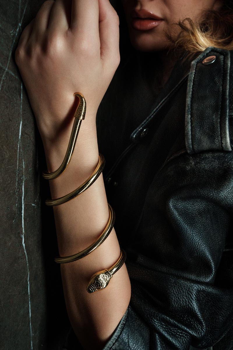 Serpentine Grace, Captivating spiral bracelet + necklace crafted from a blend of bronze, lurex, thermoplastic, and metal, featuring a striking snakeskin design that wraps elegantly around your wrist or neck.